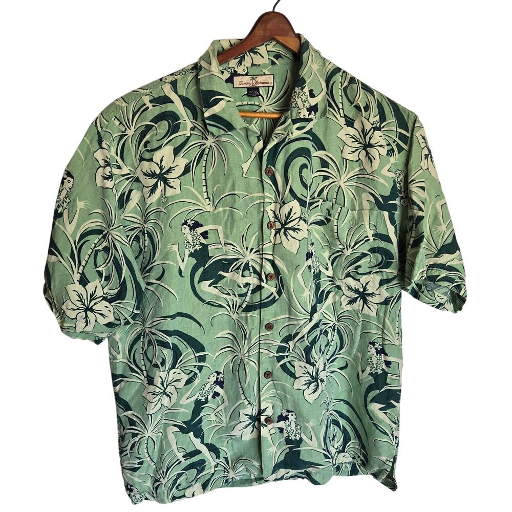 Tommy Bahama Men's Large Green Collard Button up Hawaiian Short-sleeve Shirt